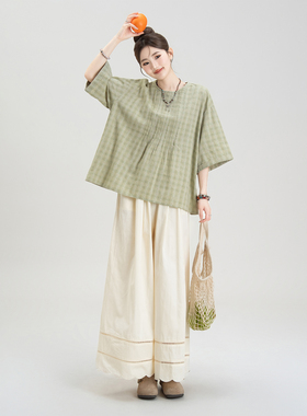 抹茶绿色竖条纹中袖衬衫女夏季穿搭小个子高腰宽松阔腿休闲裤套装