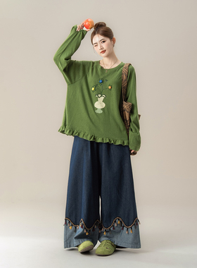 草绿色日系简约花朵印花长袖T恤女秋季新款木耳花边拼接宽松上衣