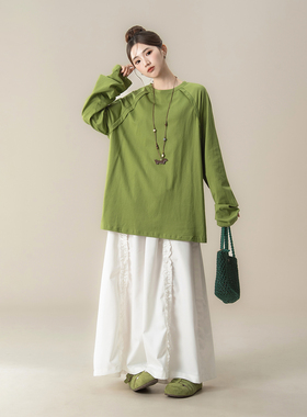 果绿色圆领宽松慵懒风长袖T恤女秋季新款小众拼接设计感内搭上衣