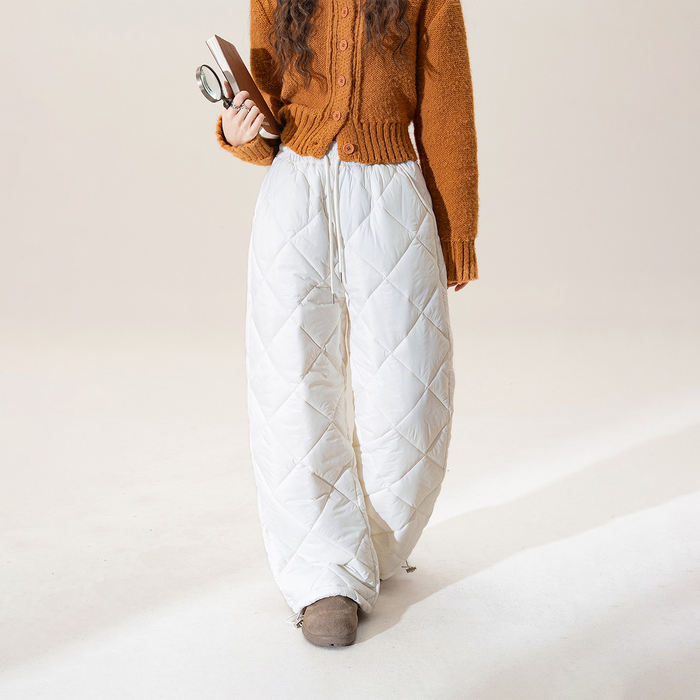 白色菱格夹棉加厚阔腿裤女冬季新款宽松保暖百搭束脚直筒休闲裤子,女装/女士精品,棉裤/羽绒裤,淘宝优惠券,粉丝福利购,淘宝优惠卷