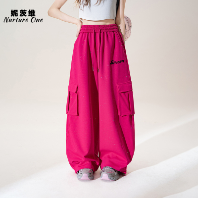 玫红色字母刺绣工装裤休闲裤子女