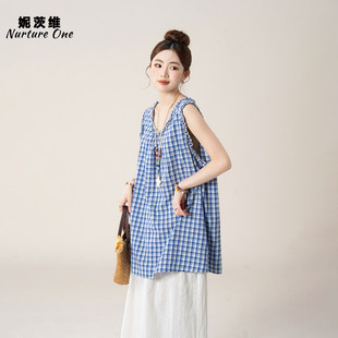 妮茨维【蓝格森韵】花边领格子上衣女秀气格纹穿搭阔腿休闲裤套装