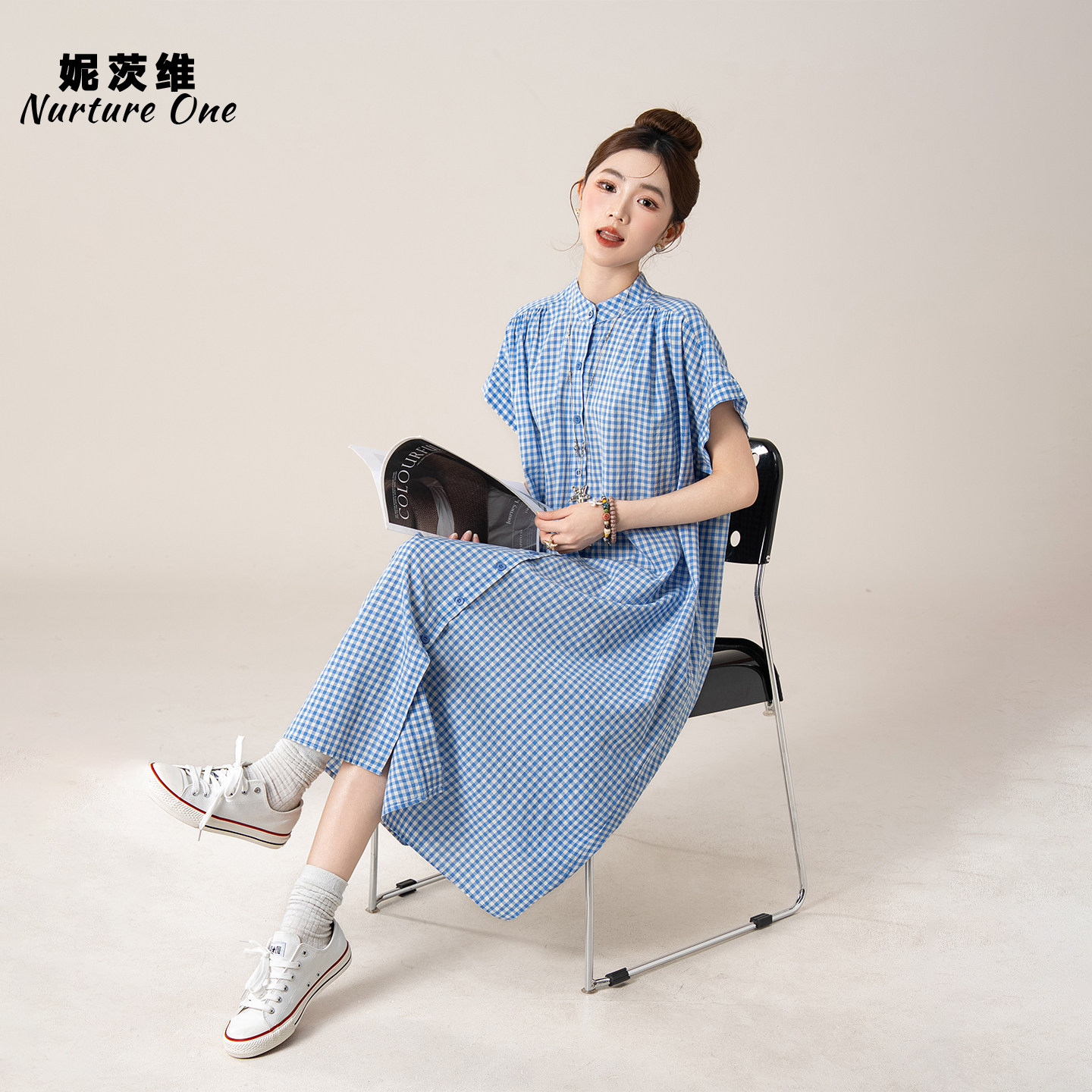 妮茨维【夏日出逃】蓝色格子短袖衬衫连衣裙秀气格纹穿搭宽松长裙