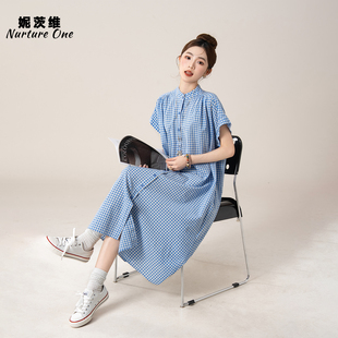 妮茨维【夏日出逃】蓝色格子短袖衬衫连衣裙秀气格纹穿搭宽松长裙
