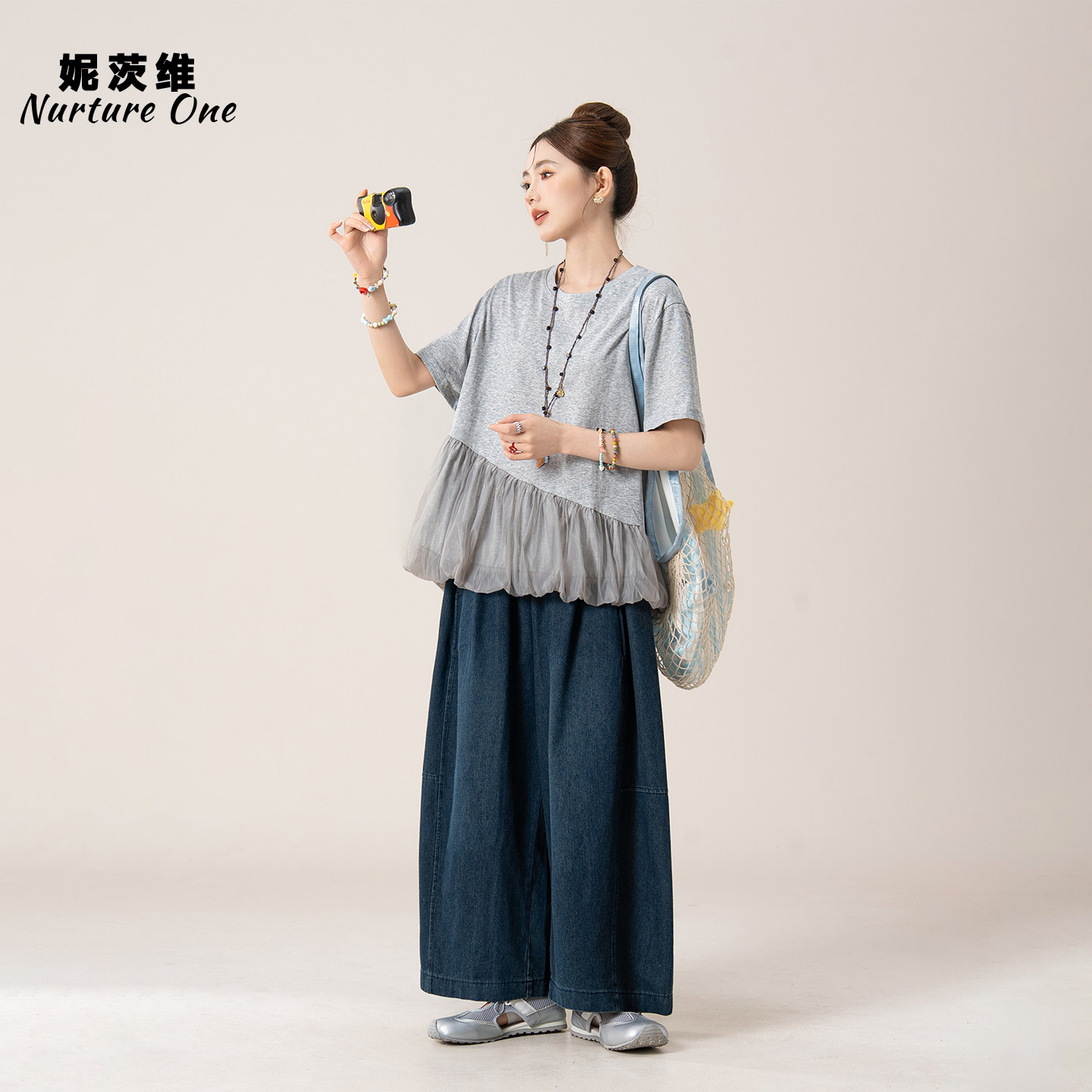 妮茨维【蓬纱雅韵】不规则网纱花苞短袖衬衫女不费力穿搭牛仔裤子