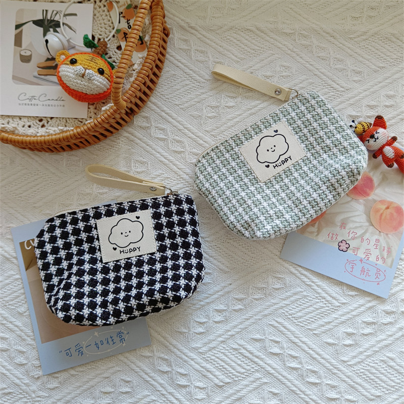 小香风布艺零钱包女格子大容量信用卡收纳袋口红化妆包耳机保护套