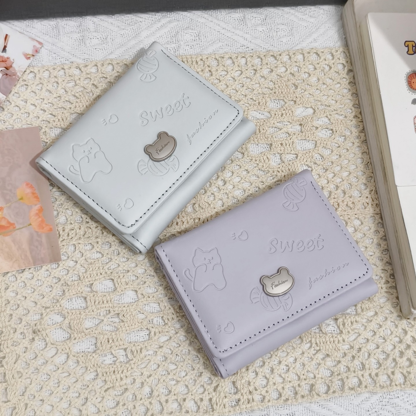 韩版小熊钱包女短款纯色三折PU皮简约百搭多卡位学生零钱收纳卡包