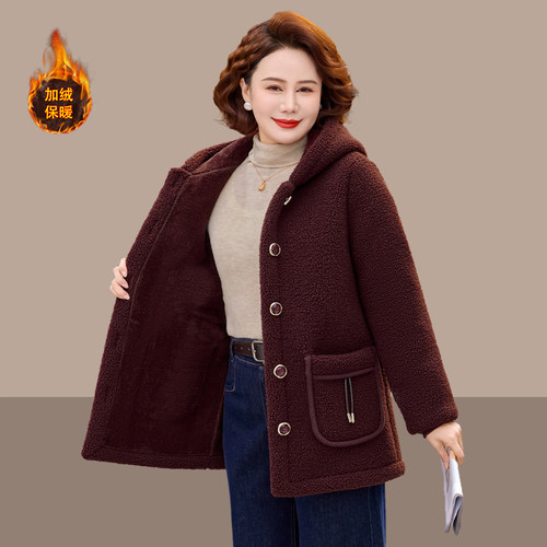 时尚中老年女装羊羔毛外套连帽加绒加厚保暖妈妈装大码颗粒绒棉衣