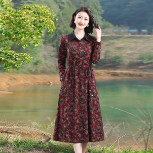妈妈新款连衣裙阔太太中长款长袖中老年女春秋衬衫领花色垂感裙子