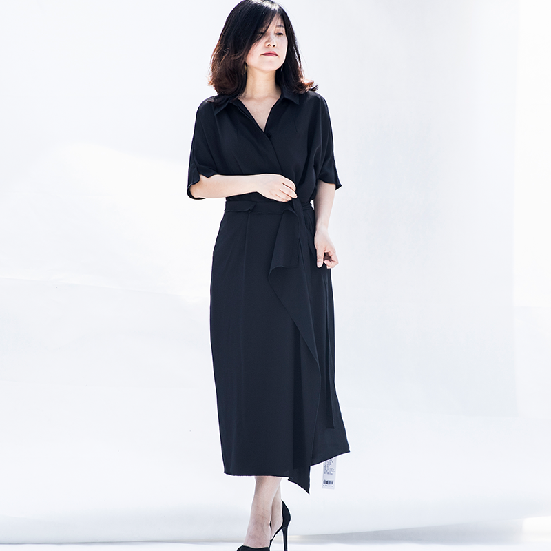 april原创设计师 衬衫领连衣裙初秋系带收腰不规则裁剪