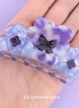 进口现货法国coucou suzette丸子头刘海z紫色花朵发夹盘发抓夹