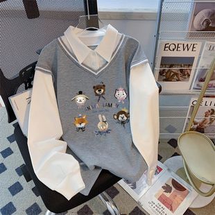 美式复古春秋款卫衣2026新款POLO领假两件大码宽松版运动开春上衣