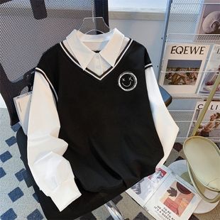 Polo领学院风简约2026新款春秋宽松薄款卫衣长袖假两件开春上衣女