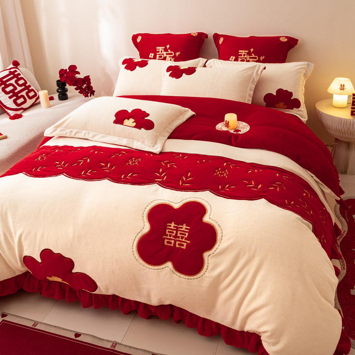 牛奶绒四件套结婚大红色冬季珊瑚绒婚庆刺绣喜庆加厚保暖宝宝绒