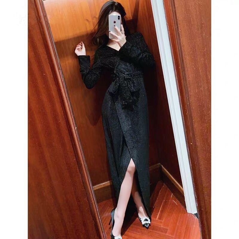 欧美性感V领礼服轻奢小众高端级气质晚宴年会平时可穿法式连衣裙