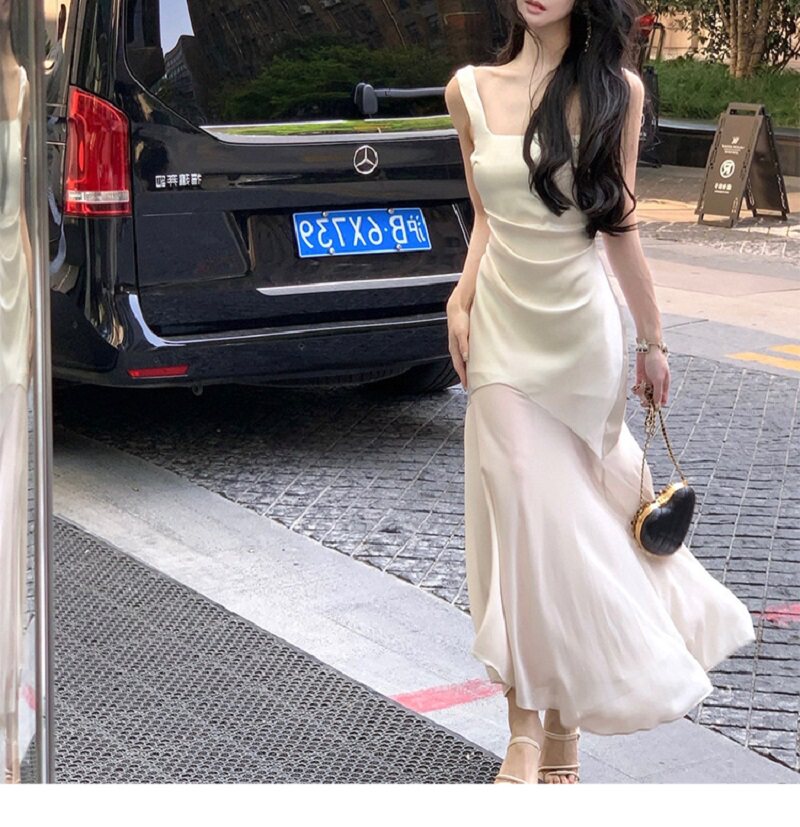 欧美性感吊带露肩背白色礼服女轻奢小众高端级气质名媛鱼尾连衣裙