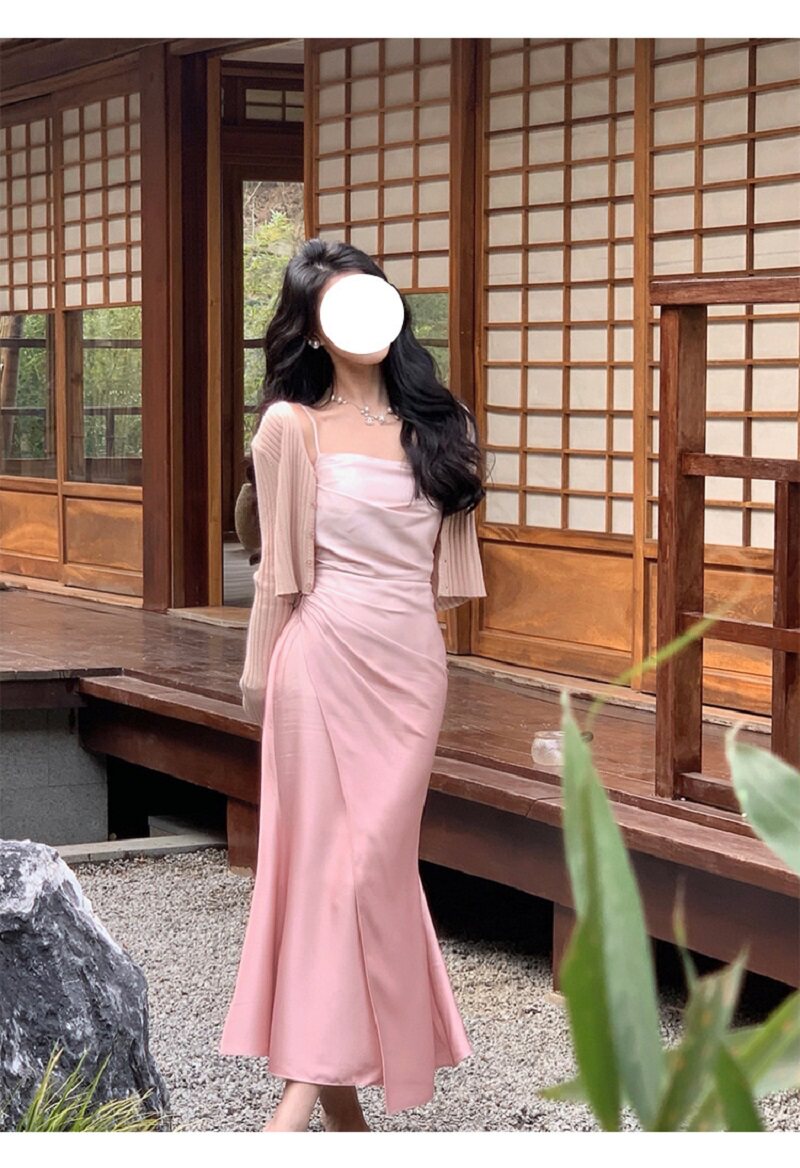 法式性感吊带露肩背蓝粉色礼服轻奢小众高端级名媛气质收腰连衣裙