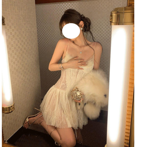 性感V领吊带露肩背蕾丝网纱晚宴生日party礼服修身收腰名媛连衣裙