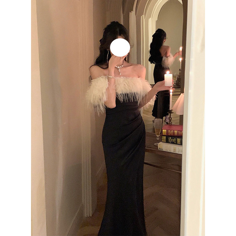 法式性感抹胸露肩背黑色礼服女轻奢小众高端级名媛气质显瘦连衣裙