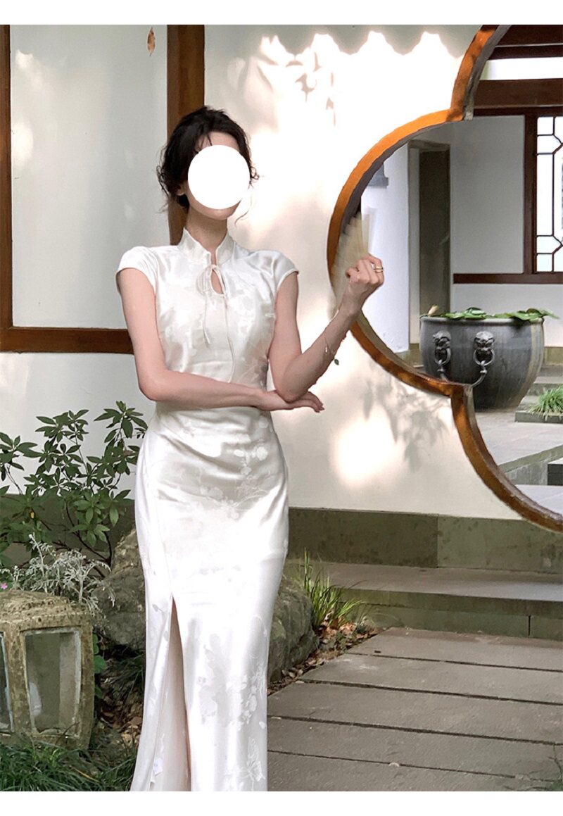 法式性感V领白色礼服轻奢小众高端级名媛气质收腰开叉旗袍连衣裙