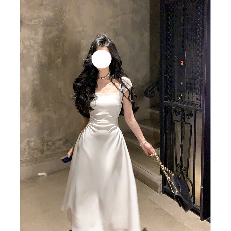 法式方领黑色礼服女轻奢小众高端级感名媛气质收腰A字蓬蓬连衣裙