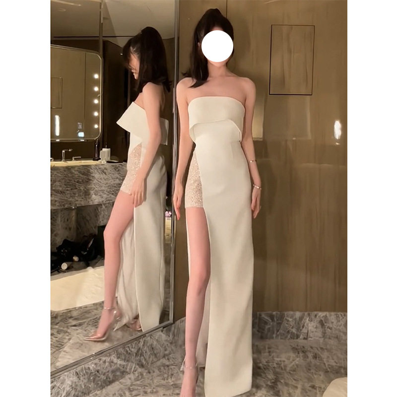 欧美性感抹胸一字领白色礼服女轻奢小众高端级气质收腰显瘦连衣裙