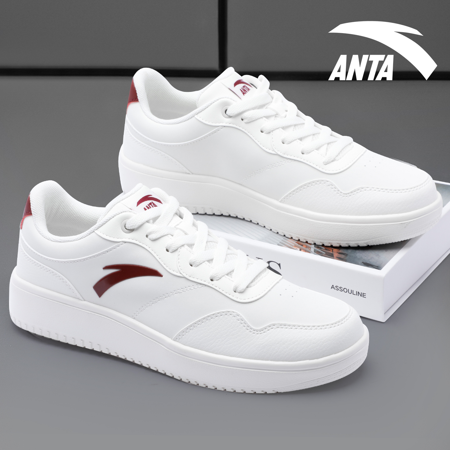 安踏男鞋厚底板鞋皮面红色