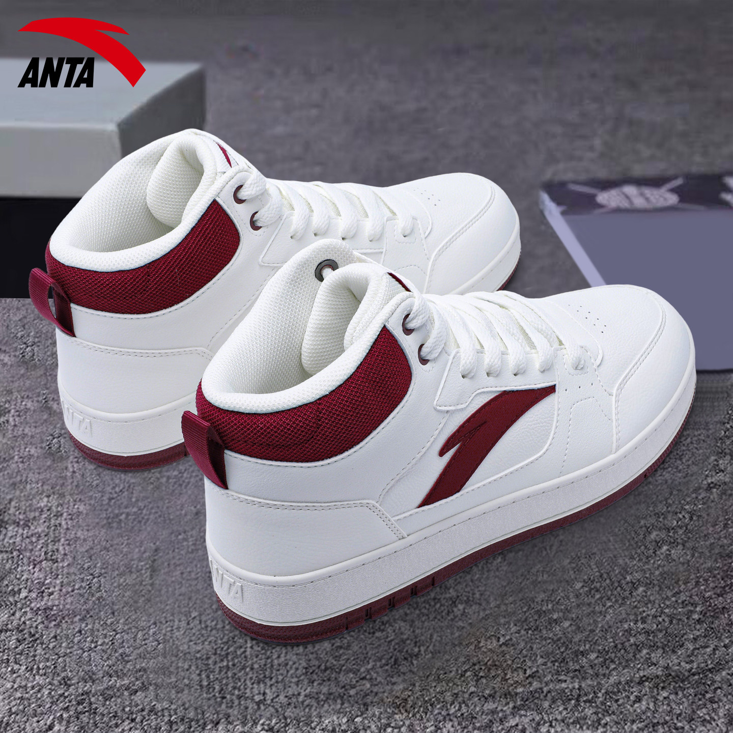 安踏男鞋红色高帮板鞋冬季2025新款皮面舒适轻便防滑休闲运动鞋男