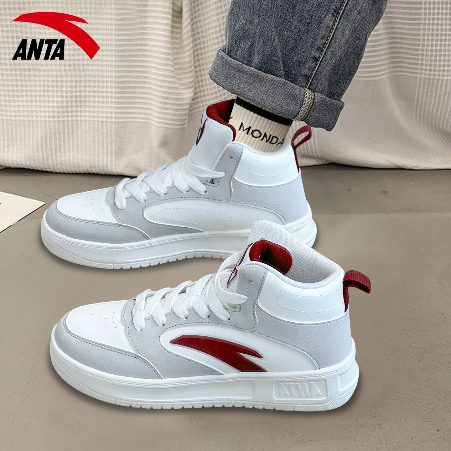 安踏女鞋高帮板鞋小白鞋