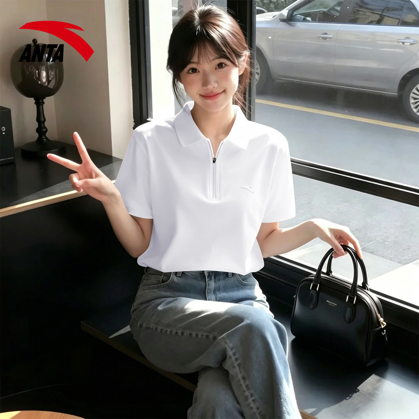 安踏短袖t恤女半拉链翻领polo衫