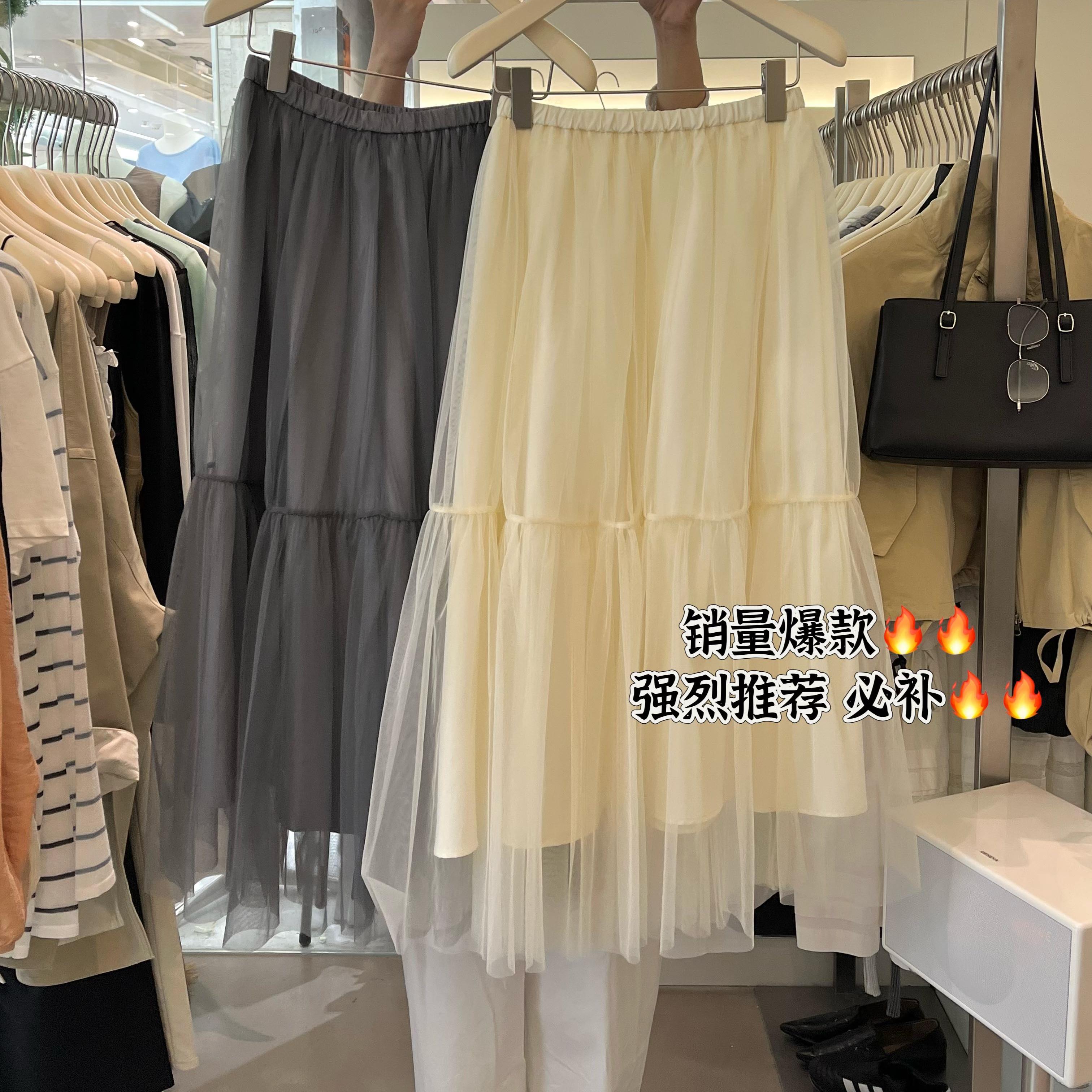 OLIVE2025春夏新款法式浪漫松紧腰百搭中长款蕾丝纱裙半身裙2472