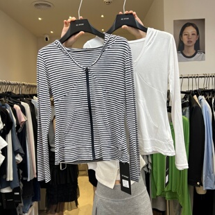 13C2026春夏新款 条纹修身 显瘦小开衫 薄外套上衣女3367 连帽拉链式