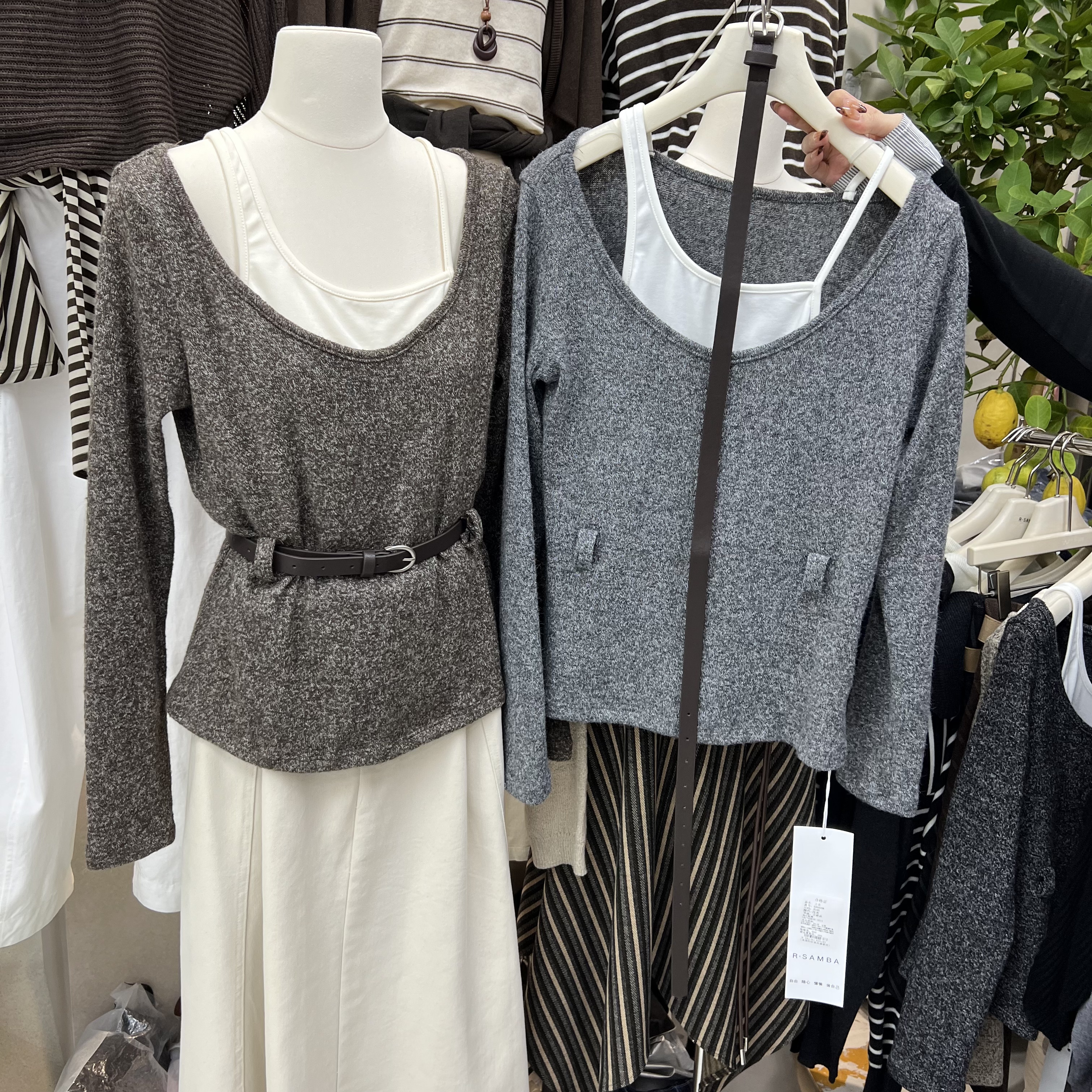 RSAMBA2025秋新款小众设计感挂脖假两件针织衫上衣女配腰带88060