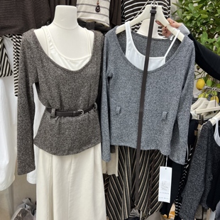 RSAMBA2025秋新款小众设计感挂脖假两件针织衫上衣女配腰带88060