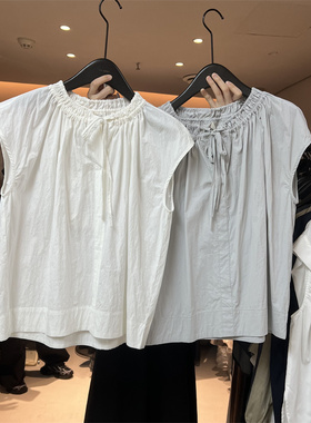 THEMIND2024夏新款女装通勤简约气质抽绳系带褶皱衬衫女短袖8700
