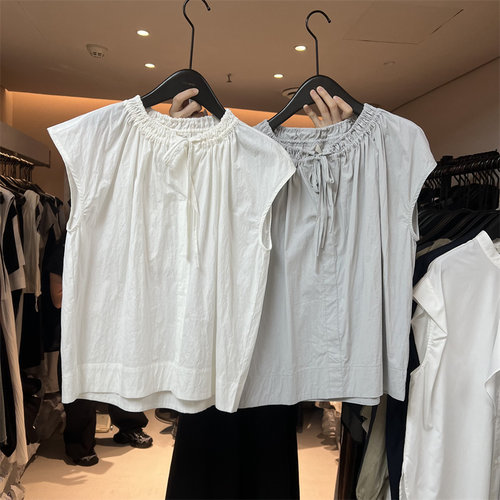 衬衫圆领褶皱韩国时尚宽松系带