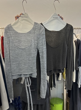 XFJ2025秋季新款韩版小众设计感假两件绑带针织衫毛衣女长袖82053