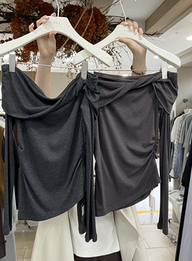 十三行FST2025秋季新款女装一字领扭结斜肩修身显瘦长袖上衣1592