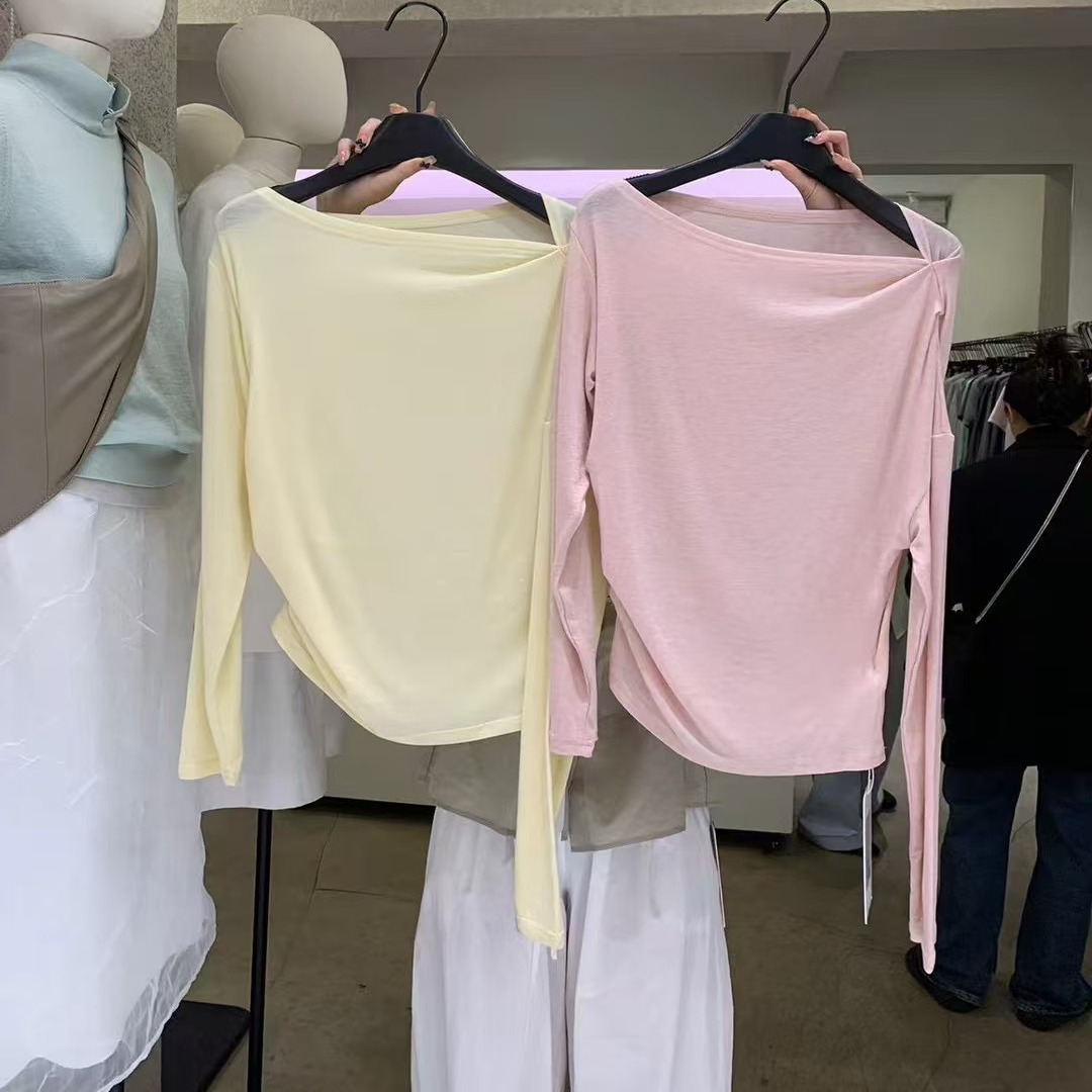 十三行ABRA2025夏新款设计感斜肩套头纯色T恤衫百搭小众休闲上衣
