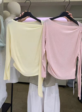 十三行ABRA2025夏新款设计感斜肩套头纯色T恤衫百搭小众休闲上衣