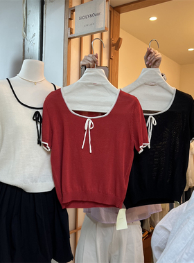 SICILY十三行2025秋季新款方领系带短袖麻感针织短袖小衫上衣8218