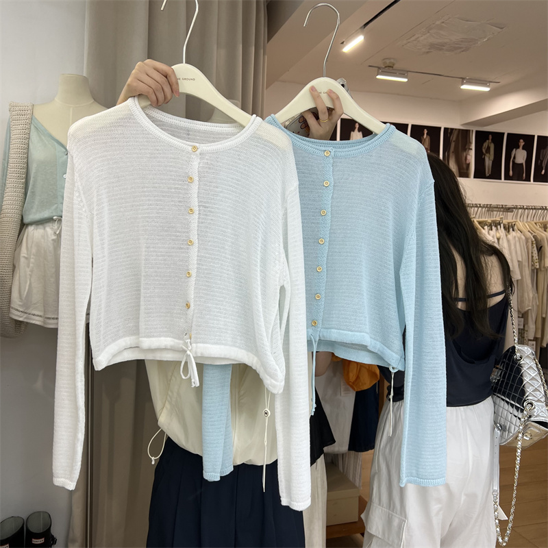 夏季新款抽绳防晒针织衫毛织开衫