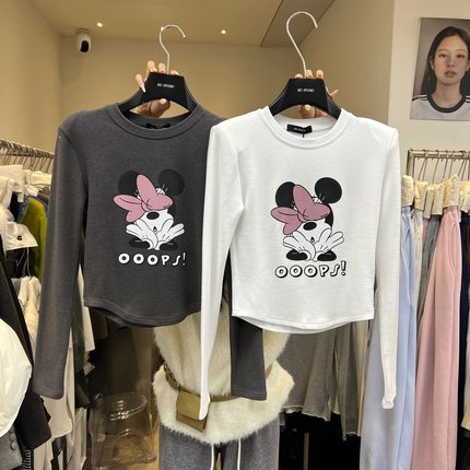 13C1297米奇卡通磨毛T恤女长袖打底衫正肩上衣