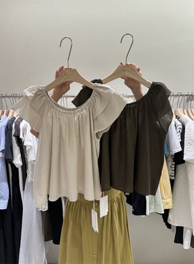 FEIDING2024夏季新款减龄气质百搭褶皱一字肩飞飞袖衬衫女上衣768