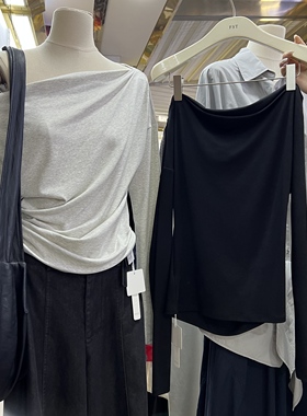 FST2025秋季新款简约气质斜肩腰部褶皱遮肉显瘦长袖T恤上衣女7890