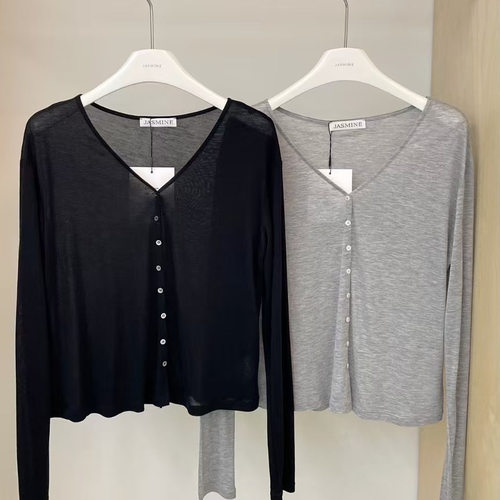 jasmine2025夏新款休闲百搭V领单排扣天丝小开衫防晒衫上衣女3304