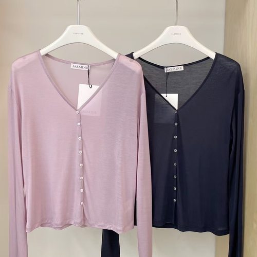 JASMINE2025夏季新款简约百搭V领系扣薄款开衫天丝上衣防晒衫3304