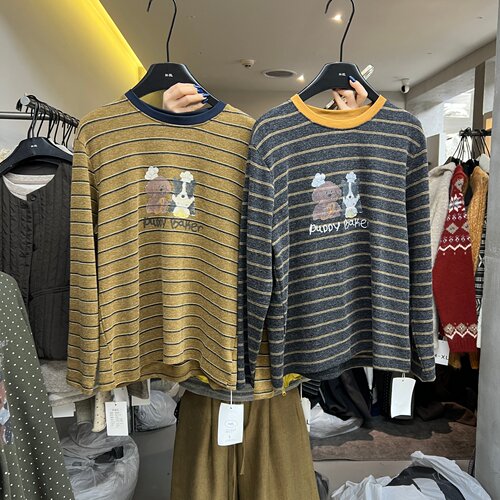 HXL66793秋冬2026新款韩系宽松百搭卡通印花条纹t恤女长袖打底衫