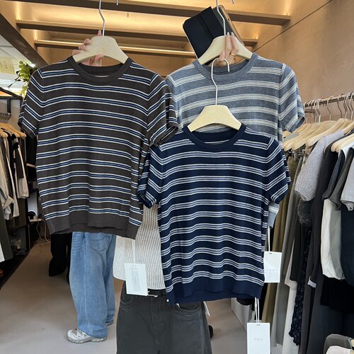 WEARELAB31919秋季2026新款韩系简约百搭圆领条纹针织衫短袖上衣