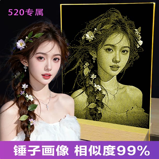 锤子玻璃画定制画像真人照片锤子画琉璃画手工画七夕送女朋友礼品图片